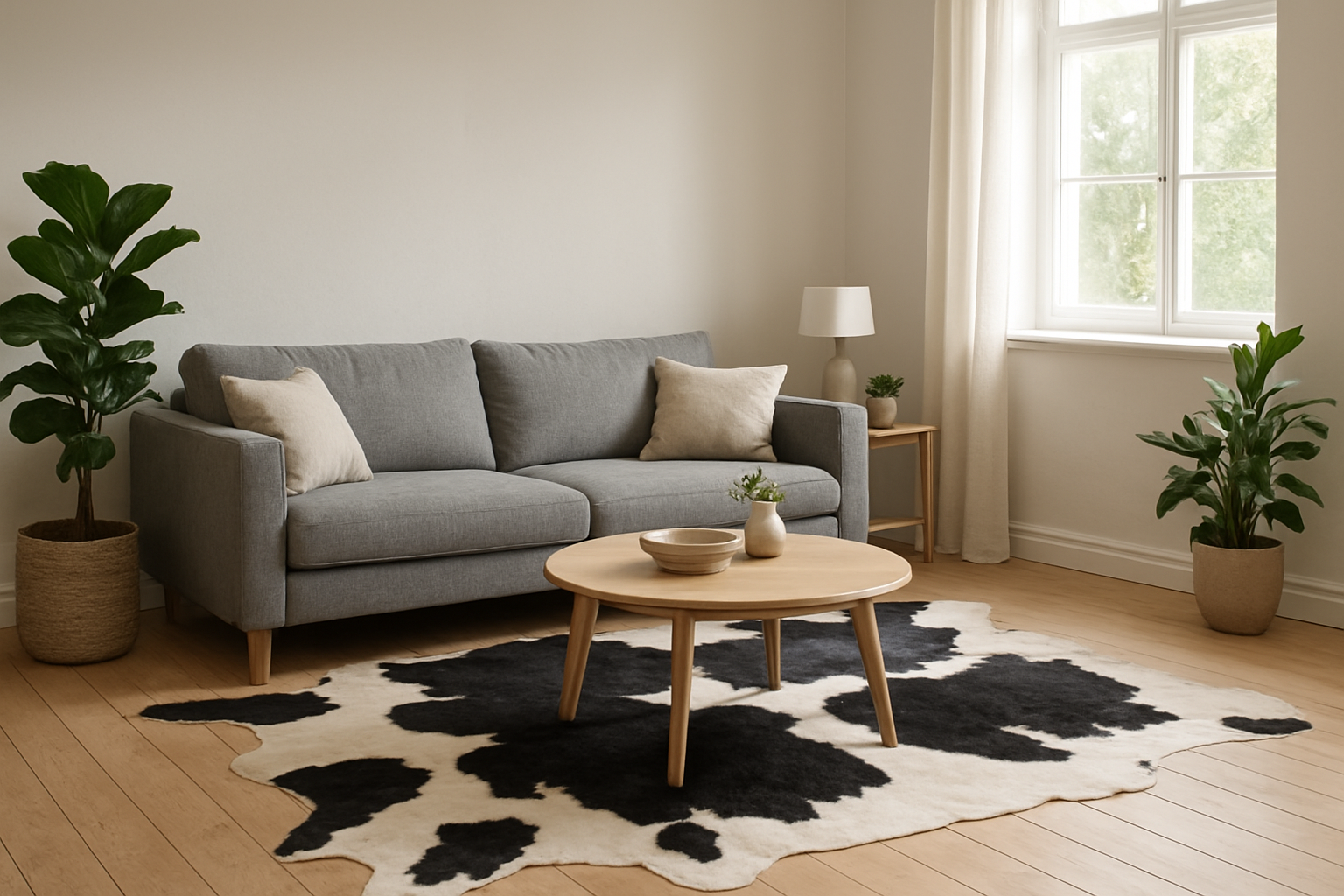 Tapis en peau de vache naturelle noir et blanc dans un salon scandinave avec canapé gris et table basse en bois