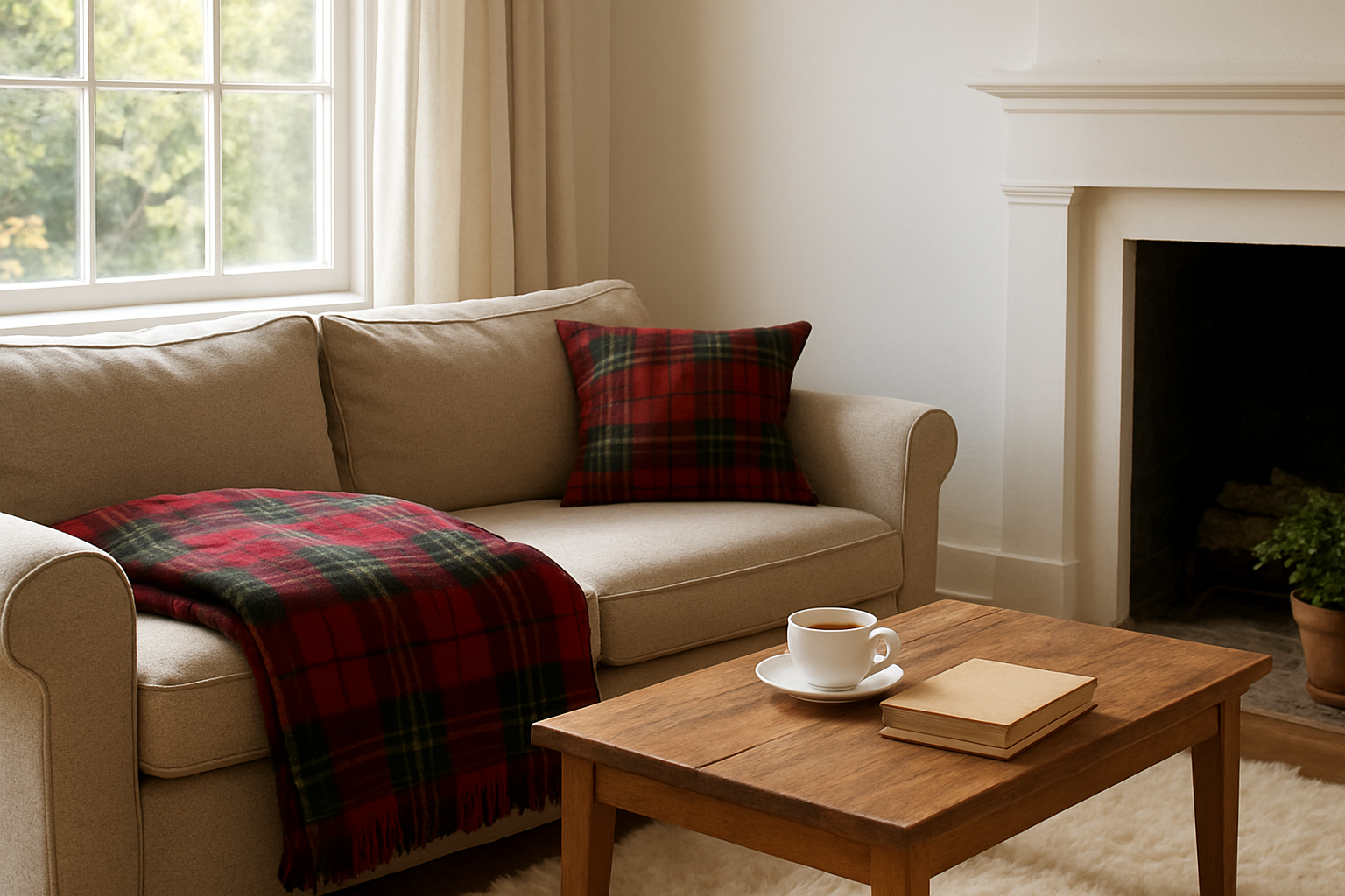 Un plaid en tartan écossais rouge et vert plié sur un canapé beige, avec une tasse de thé et un livre sur une table basse en bois, dans un salon lumineux au style cosy.