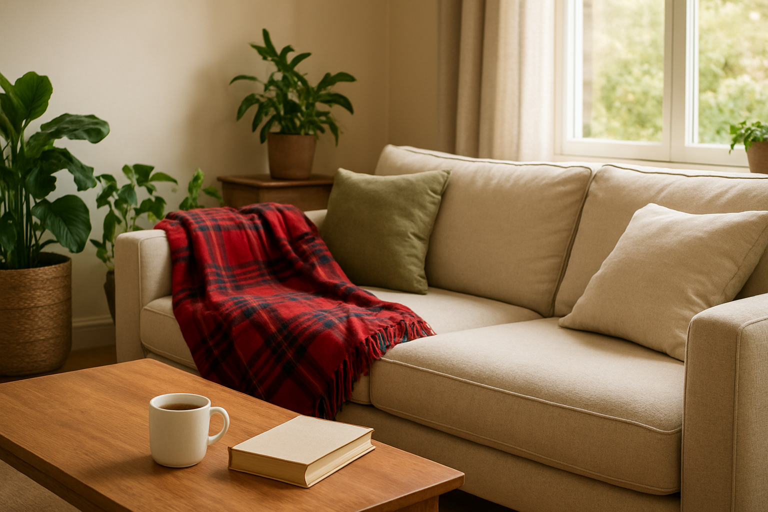 Plaid écossais tartan rouge et noir posé sur un canapé beige dans un salon lumineux, avec tasse de thé et livre sur table basse.