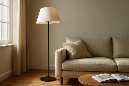 Gros plan sur une carcasse d'abat-jour métallique apparente sous un abat-jour en lin blanc dans un salon moderne éclairé par la lumière naturelle.