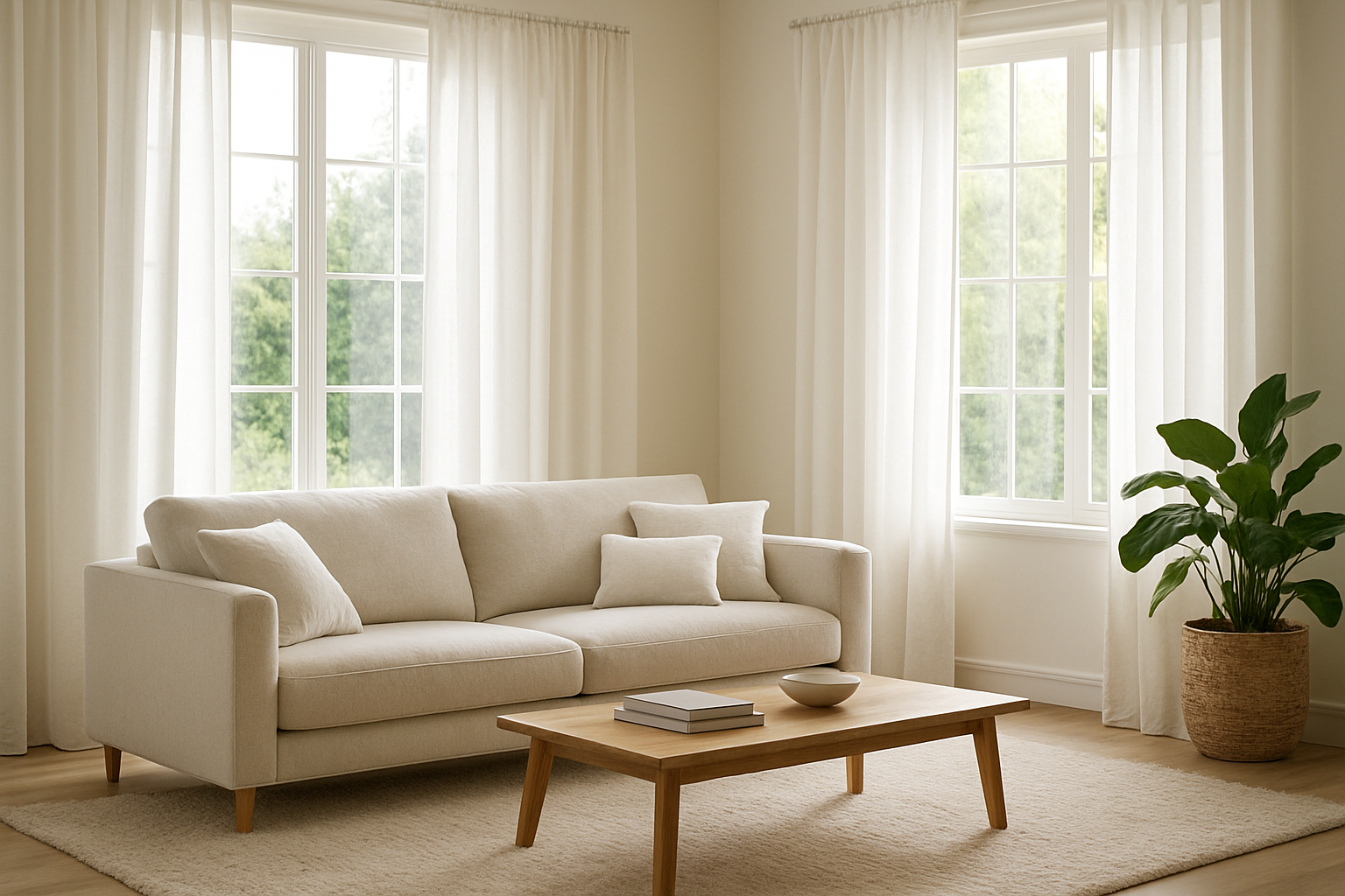 Salon lumineux avec rideaux blancs en lin Bouchara aux fenêtres, laissant filtrer la lumière naturelle, canapé moderne et tapis beige.