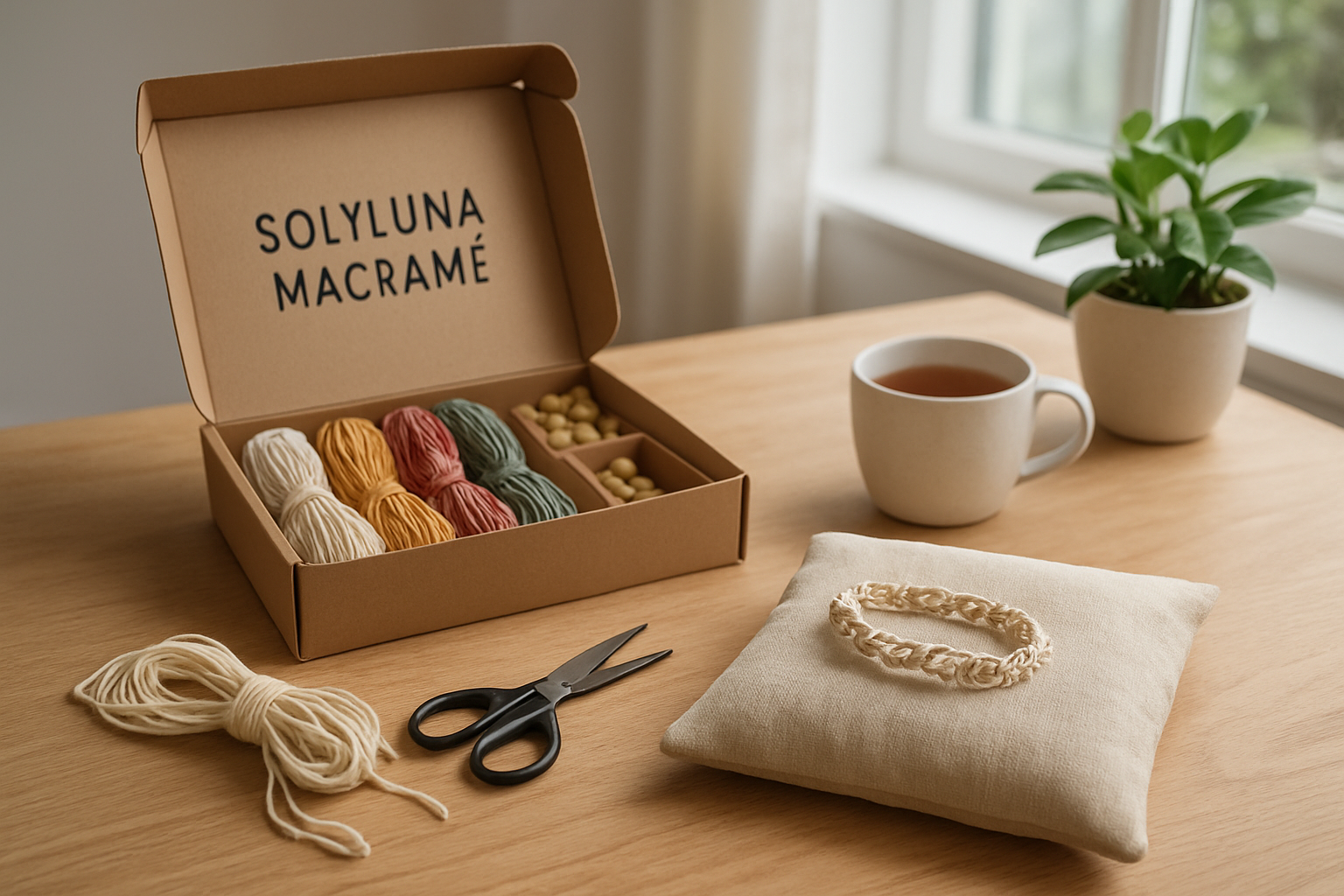 Kit DIY Solyluna Macramé avec fils colorés, perles en bois et bracelet terminé, posé sur une table en bois dans un intérieur lumineux et végétal.