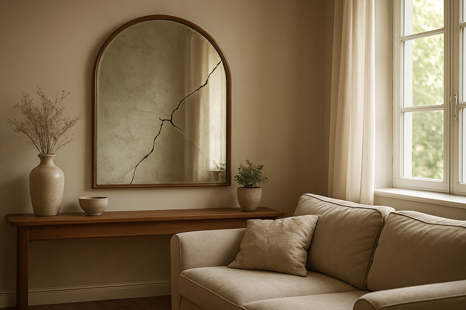Grand miroir décoratif fissuré dans un salon lumineux avec canapé et plantes, illustrant un miroir cassé dans un intérieur design.