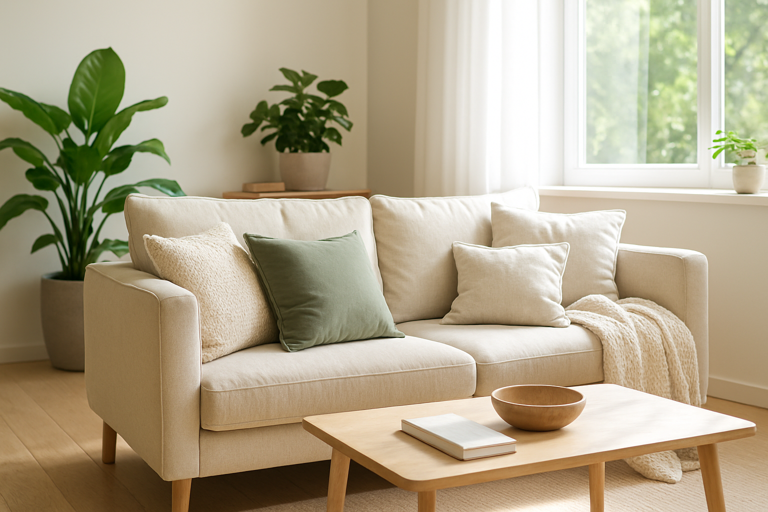 Coussin décoratif en velours vert avec housse portefeuille sur canapé beige, intérieur scandinave lumineux avec plantes et couverture