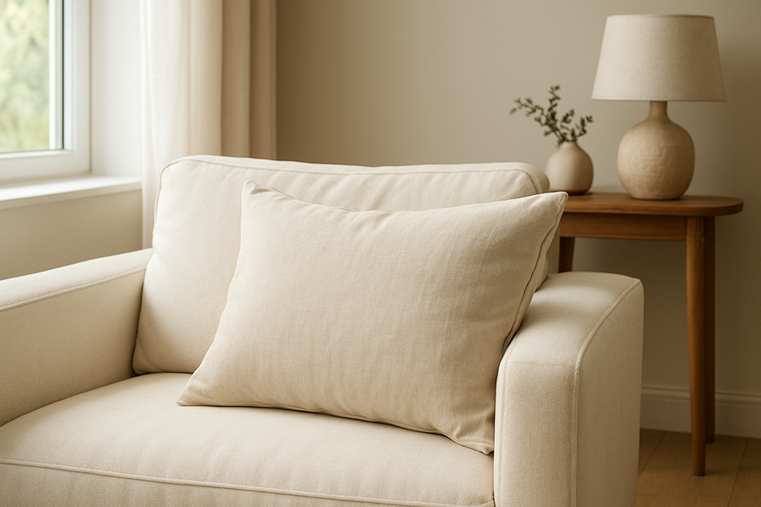 Coussin rectangulaire beige en lin avec housse déhoussable à fermeture à glissière sur canapé clair dans un salon lumineux
