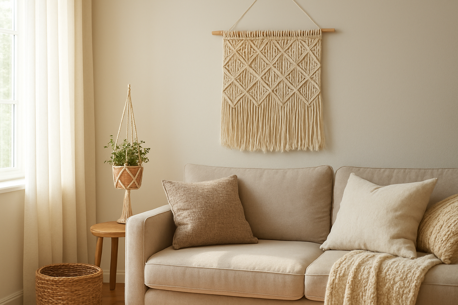 Macramé mural géométrique en coton crème accroché au mur dans un salon lumineux, avec une plante suspendue en macramé sur une table basse en bois.