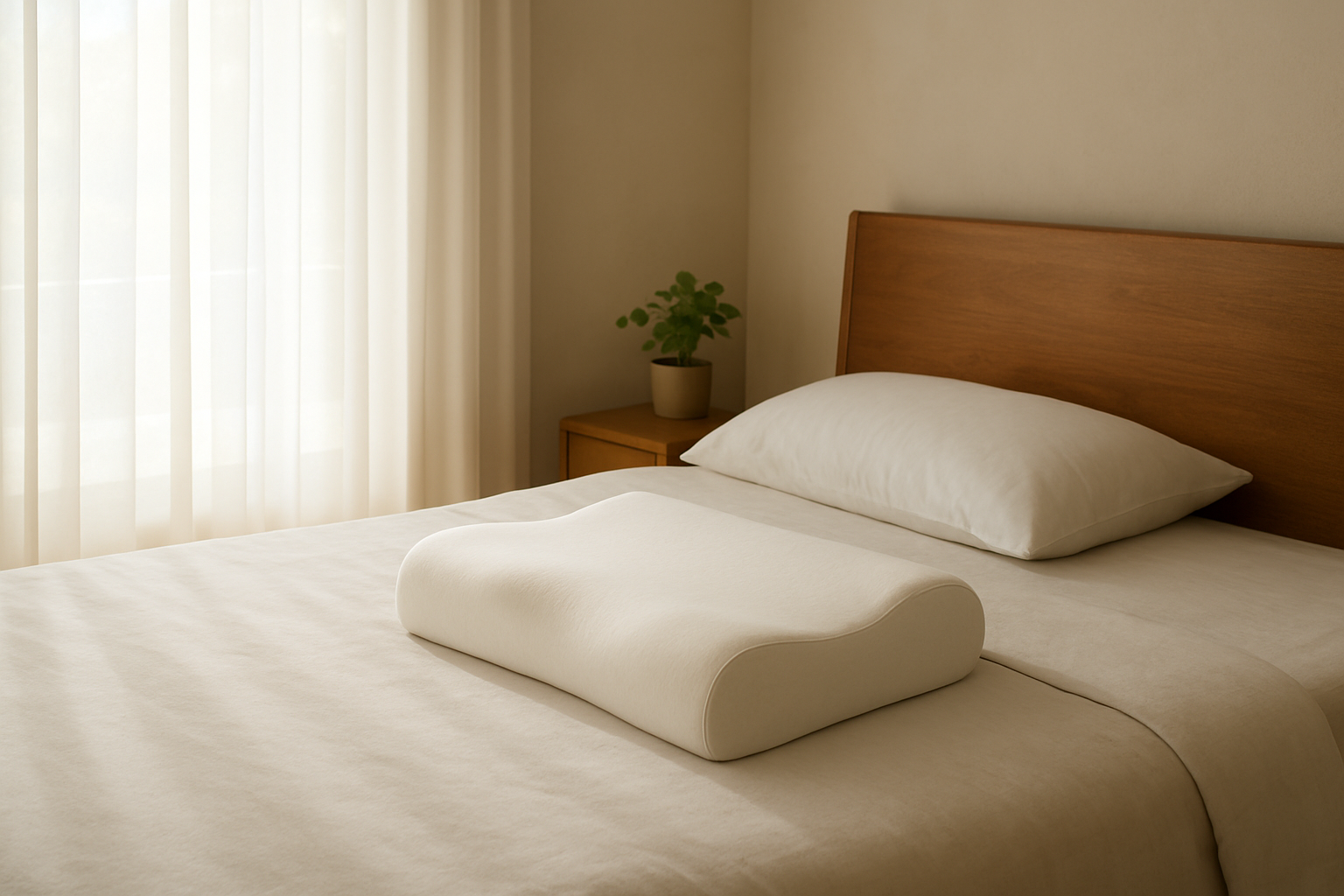 Oreiller ergonomique en mousse à mémoire de forme sur un lit avec draps blancs, lumière naturelle, chambre minimaliste
