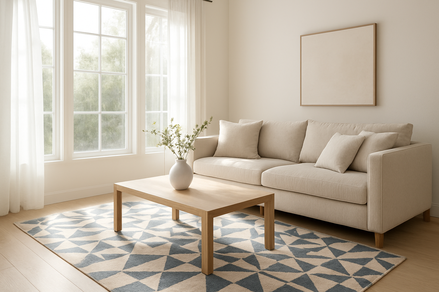 Salon moderne avec un tapis géométrique bleu et beige Un amour de tapis sous une table basse en bois, lumière naturelle, décoration épurée