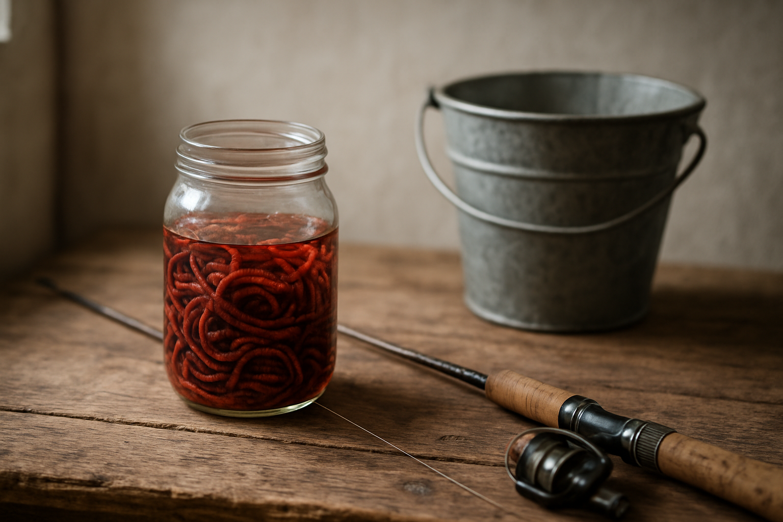 Bocal en verre rempli de vers de vase rouges vivants sur une table en bois, avec canne à pêche et seau, éclairage naturel doux.