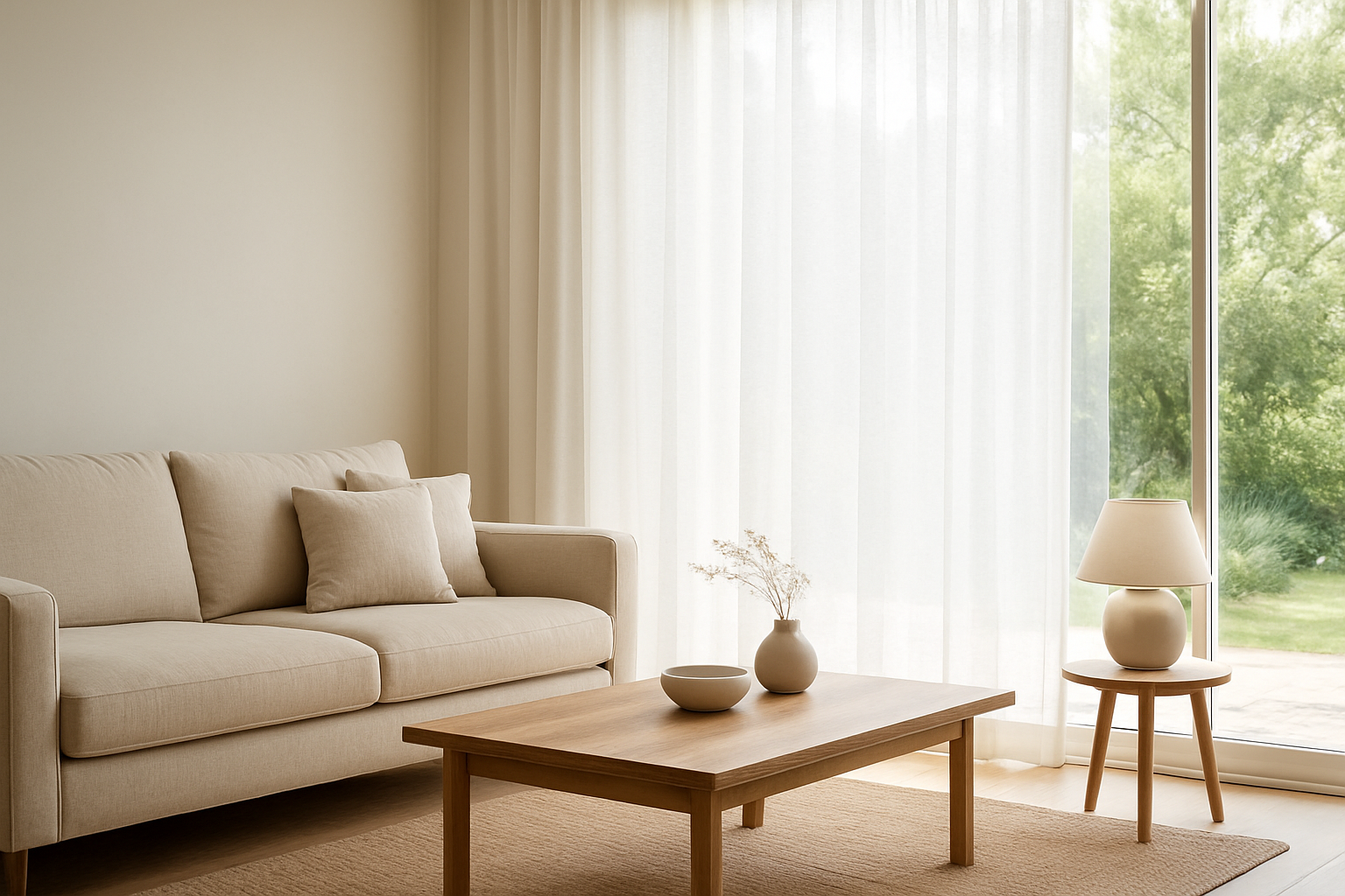 Salon lumineux avec baie vitrée et voilage store blanc en lin laissant passer la lumière naturelle, canapé beige et table basse en bois.