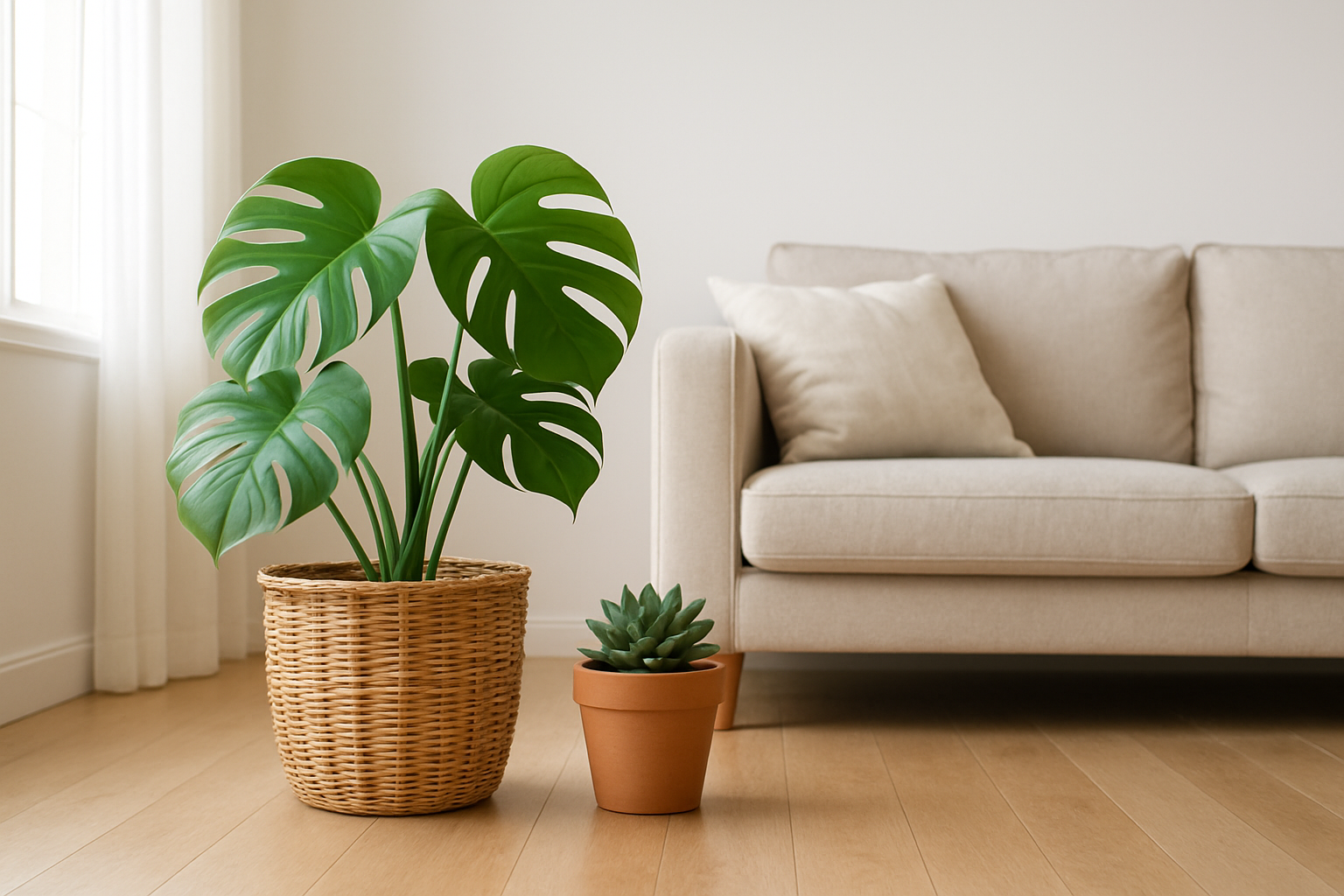 Cache-pot pas cher en rotin tressé avec un monstera, posé sur un sol en bois dans un salon lumineux, à côté d'un petit cache-pot en céramique terracotta.