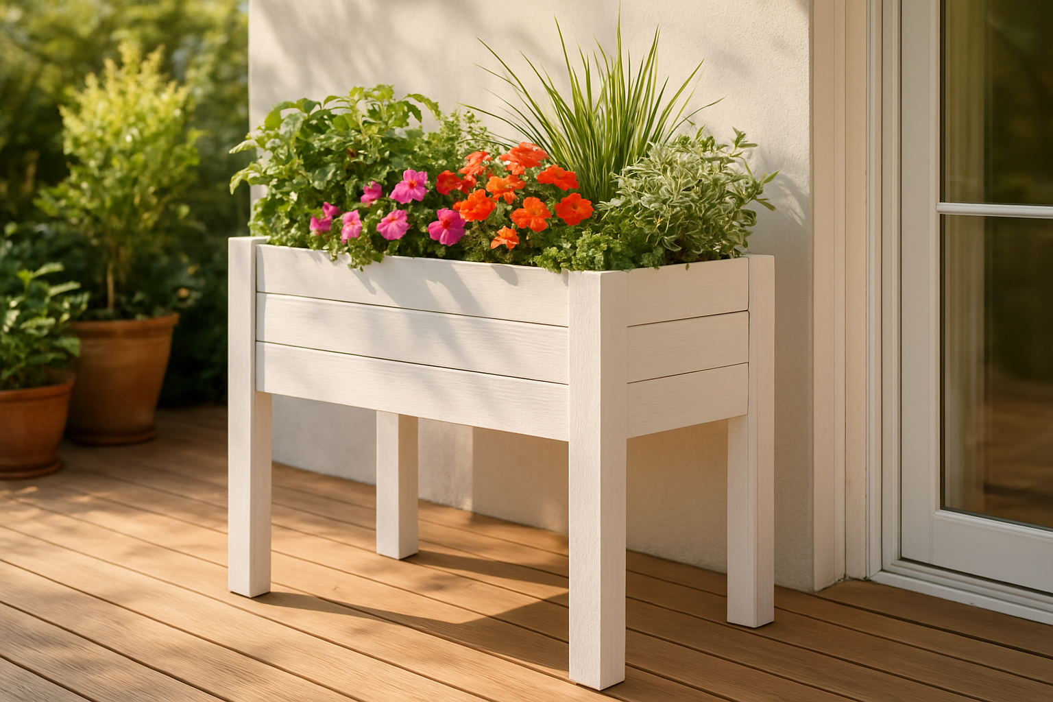 Jardinière haute blanche en bois sur terrasse avec plantes vertes et fleurs colorées, éclairée par la lumière naturelle du soleil.