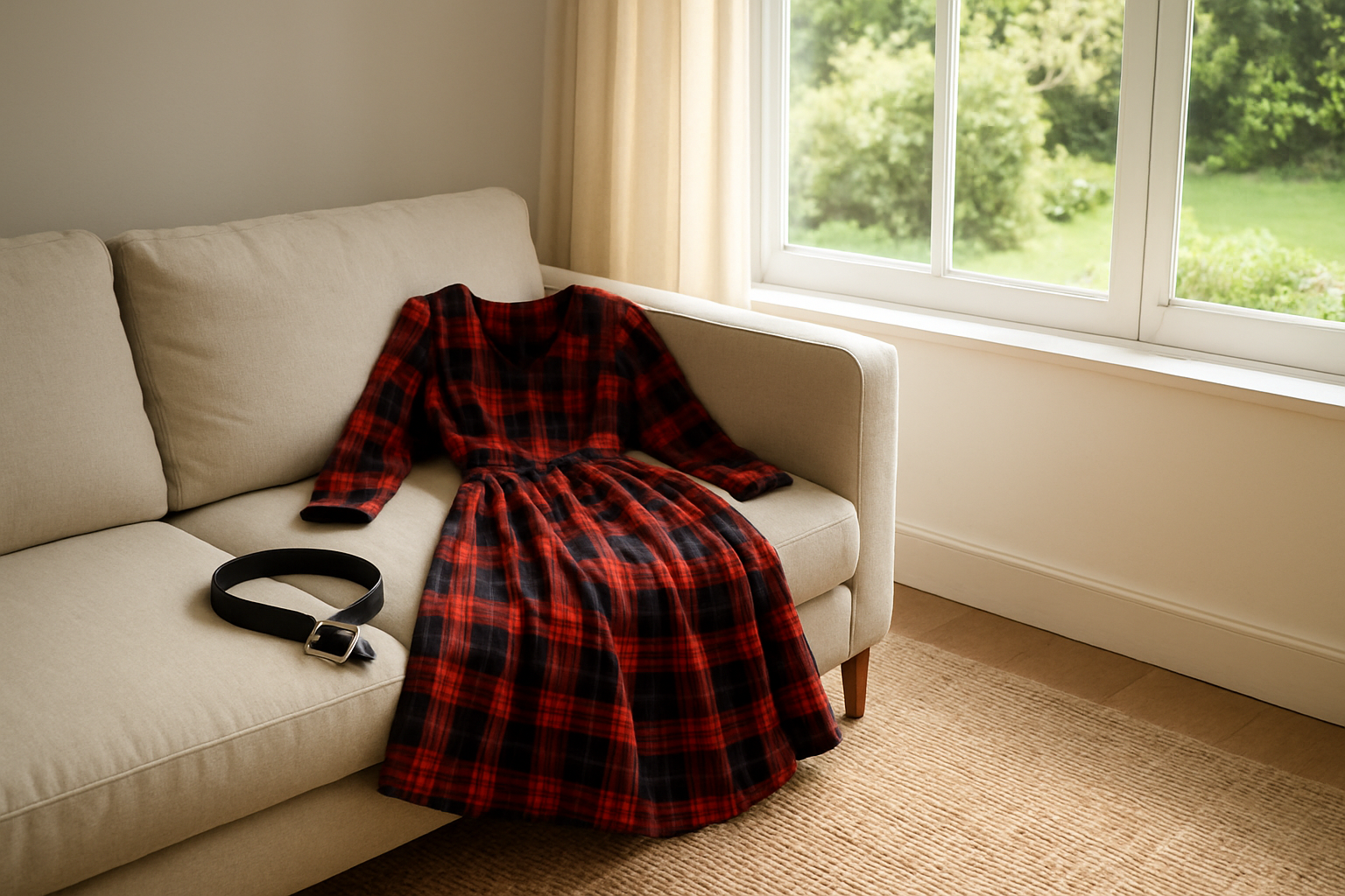 Robe en tartan rouge et noir posée sur un canapé beige dans un salon lumineux, avec une ceinture en cuir à côté et un tapis en jute au sol.