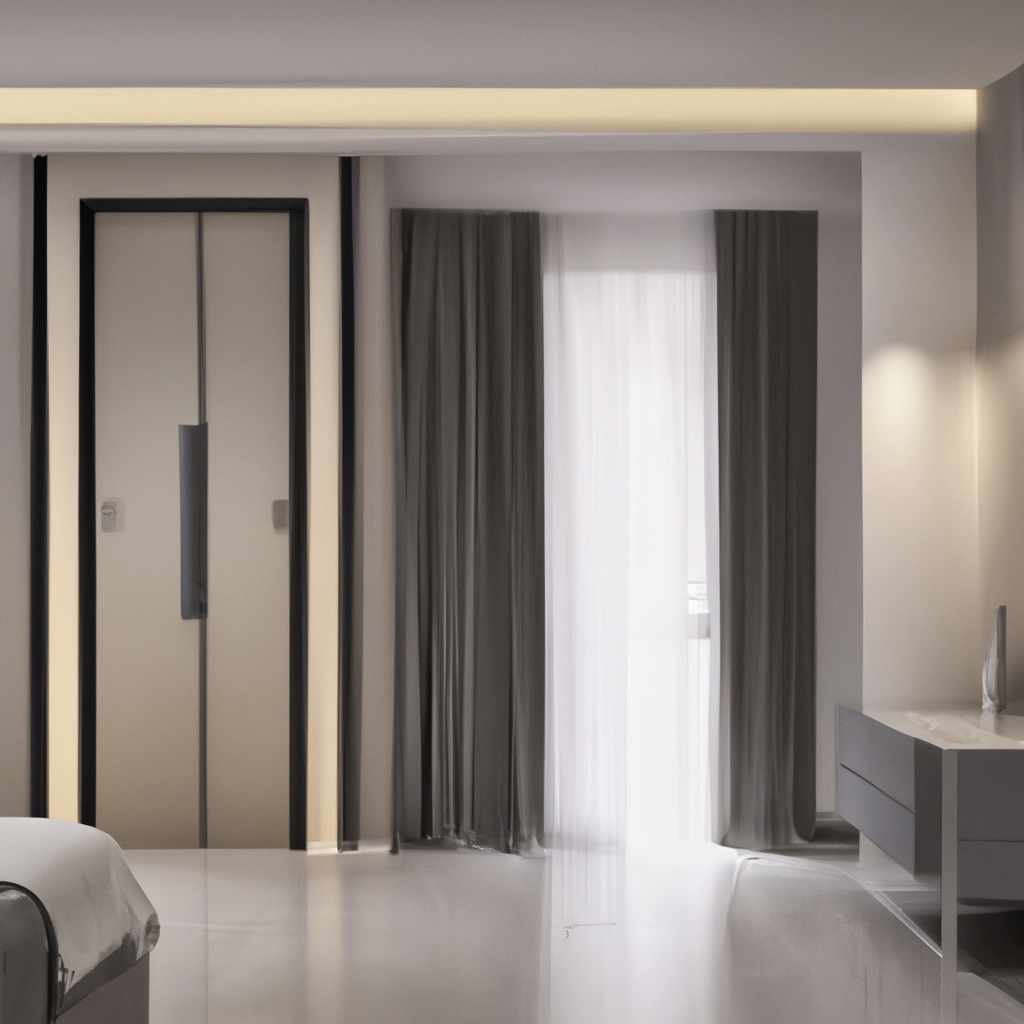 Chambre moderne minimaliste avec rideaux gris, murs clairs et éclairage doux, offrant une ambiance apaisante.
