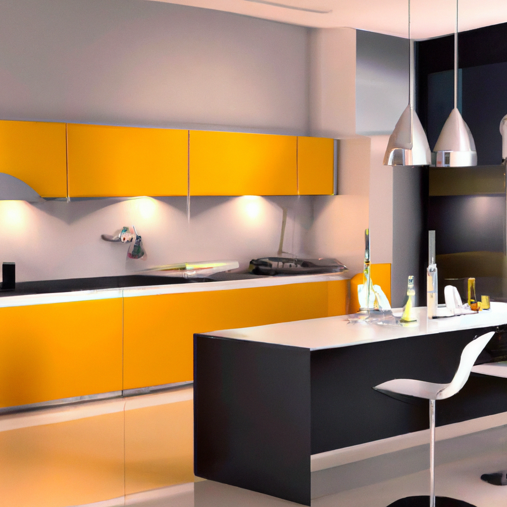 Cuisine moderne aux meubles noirs et jaunes, avec un îlot central et des luminaires design. Ambiance contemporaine et lumi...