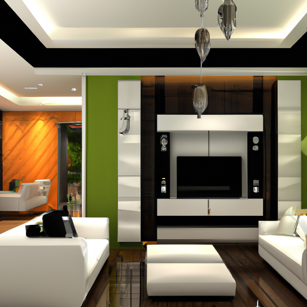 Intérieur moderne lumineux avec canapé blanc, table basse, murs vert et noir, contraste épuré et ambiance chaleureuse.