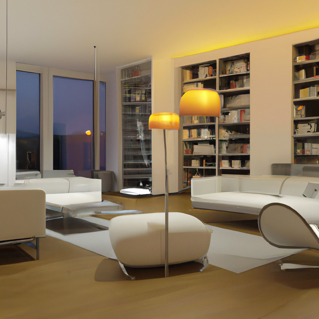 Salon moderne avec canapé blanc, lampadaire élégant, étagères remplies de livres et ambiance lumineuse chaleureuse.