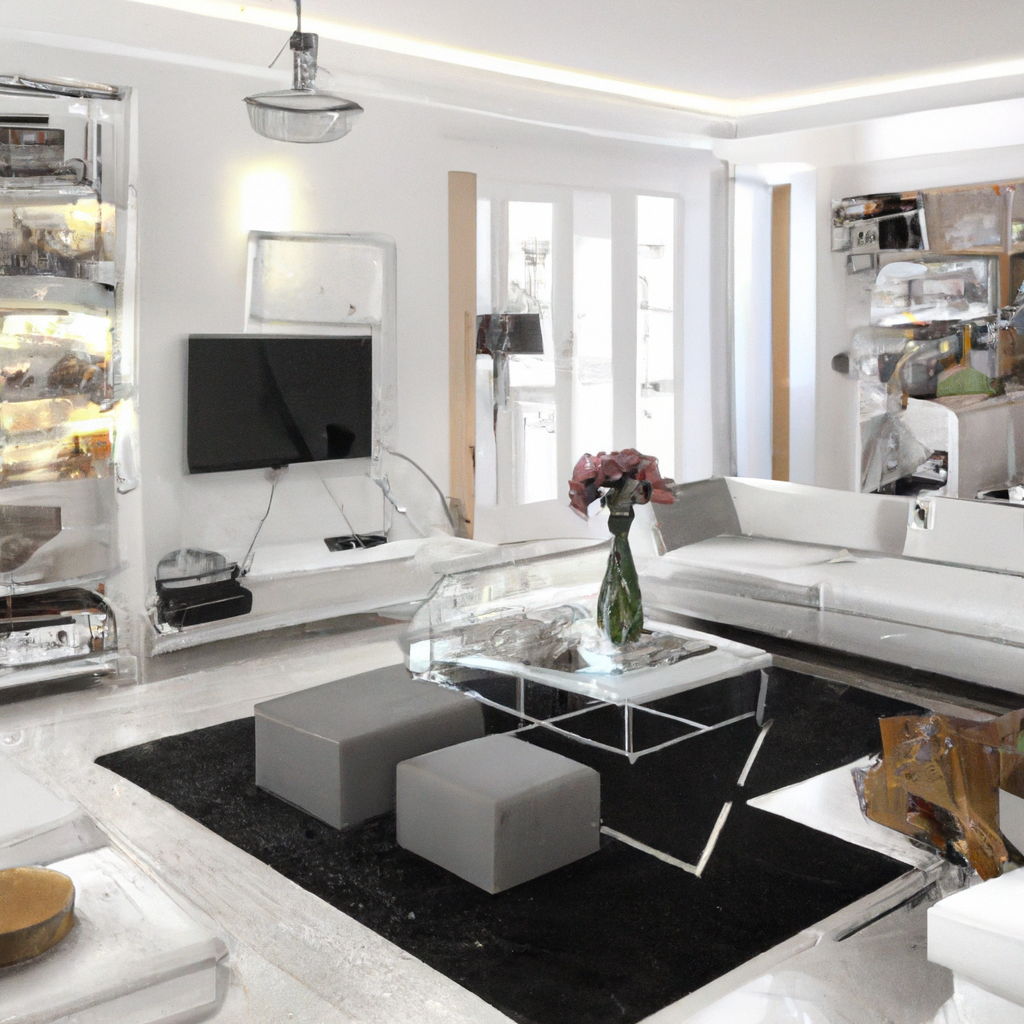 Intérieur moderne et épuré, canapés blancs, table en verre, touches de noir, vase avec fleurs, ambiance lumineuse et éléga...