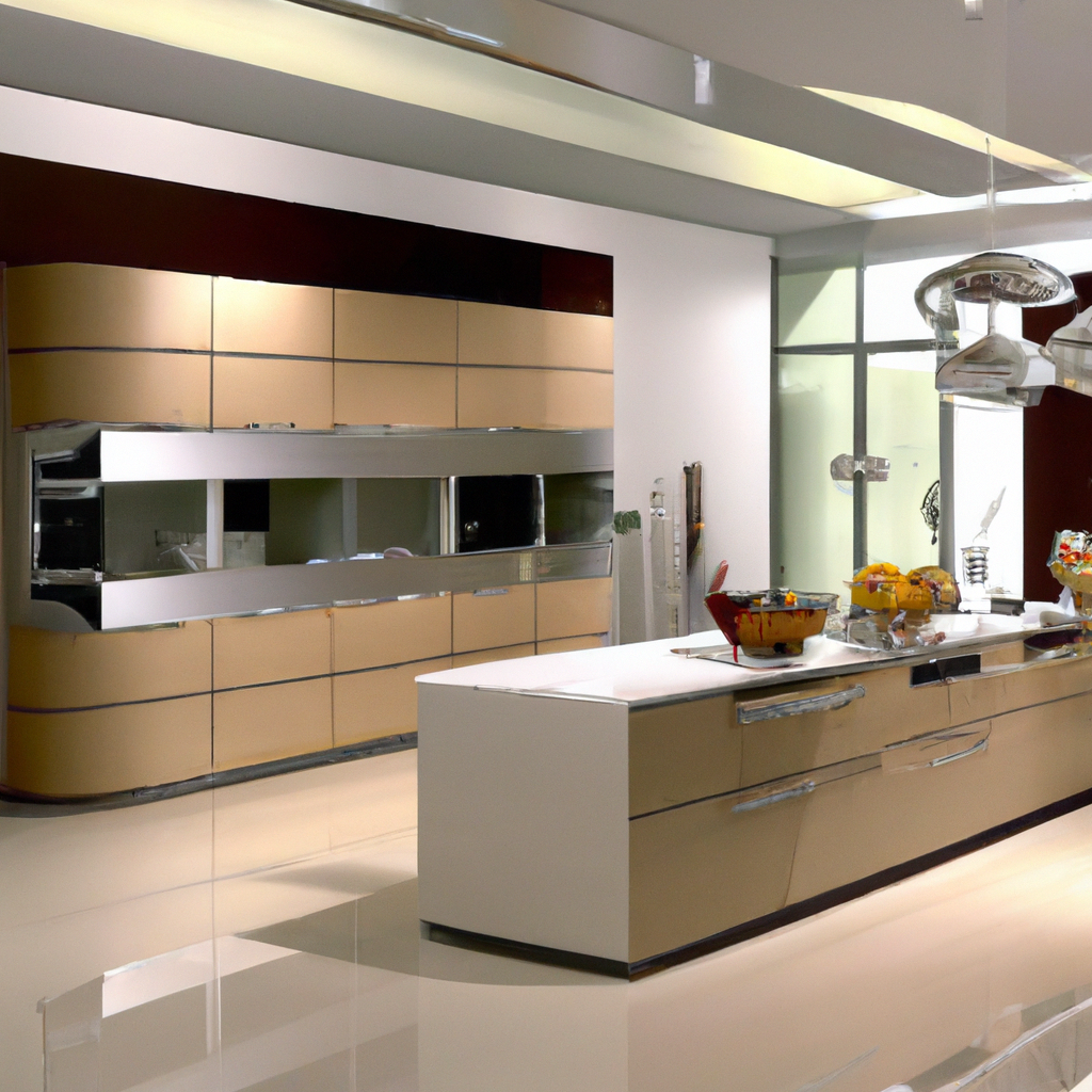 Cuisine moderne avec meubles en chrome et beige, spacieux et lumineux, ambiance élégante et contemporaine.