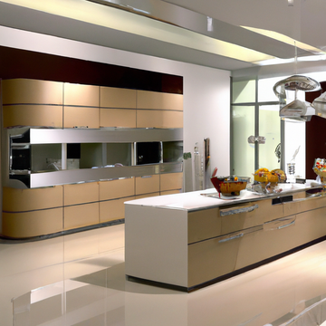 Cuisine moderne avec meubles en chrome et beige, spacieux et lumineux, ambiance élégante et contemporaine.