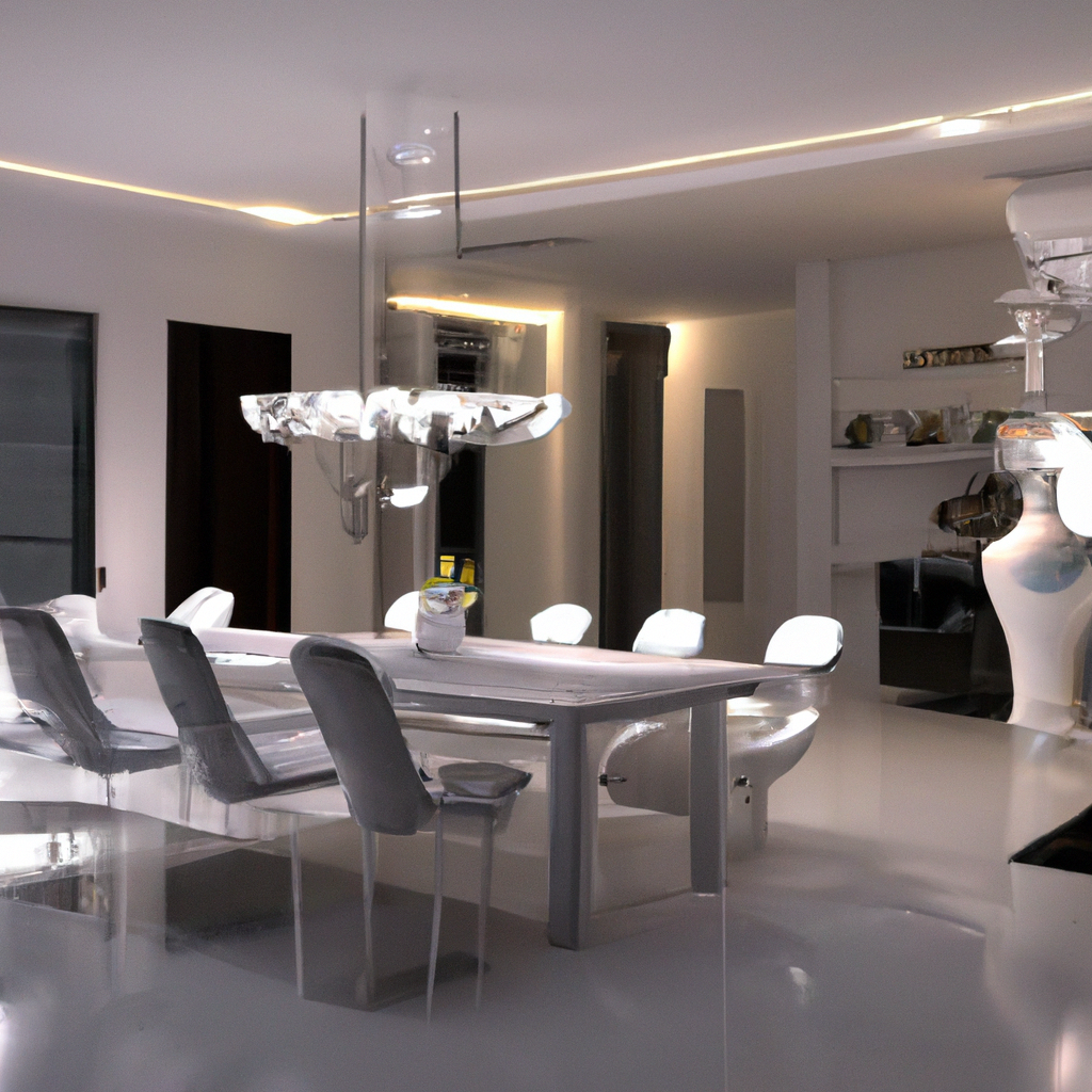 Salle à manger moderne avec des meubles blancs, un éclairage LED subtil, et une table élégante au design épuré.