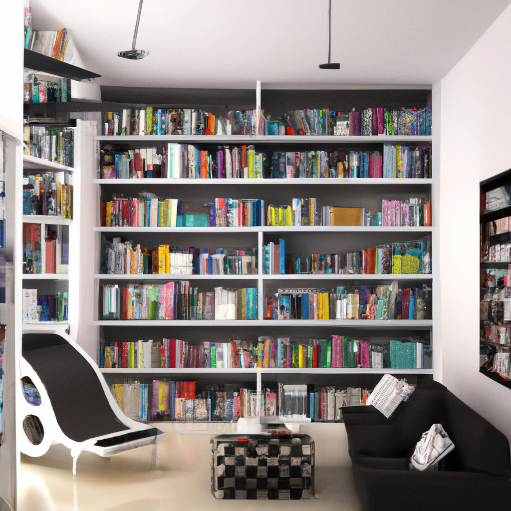 Bibliothèque moderne colorée avec étagères pleines de livres, fauteuils noirs élégants et table basse en verre dans un int...
