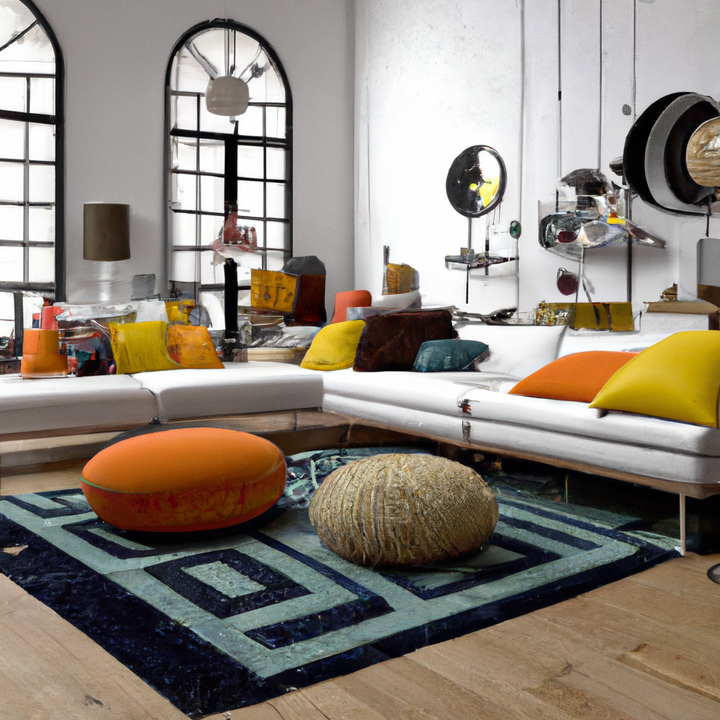 Salon moderne lumineux avec canapé blanc, coussins colorés, tapis géométrique bleu et orange, miroirs décoratifs.