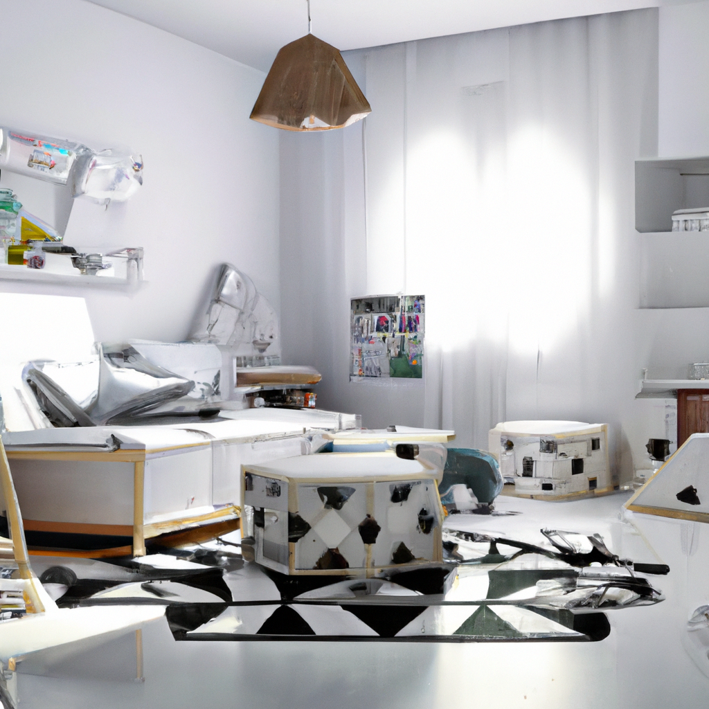 Intérieur moderne minimaliste, couleurs blanches et noires, meubles géométriques, ambiance lumineuse et épurée.