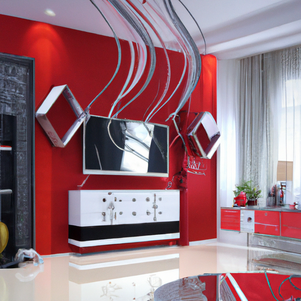 Salon moderne avec murs rouges, meuble TV blanc et noir, décor minimaliste, ambiance contemporaine lumineuse.