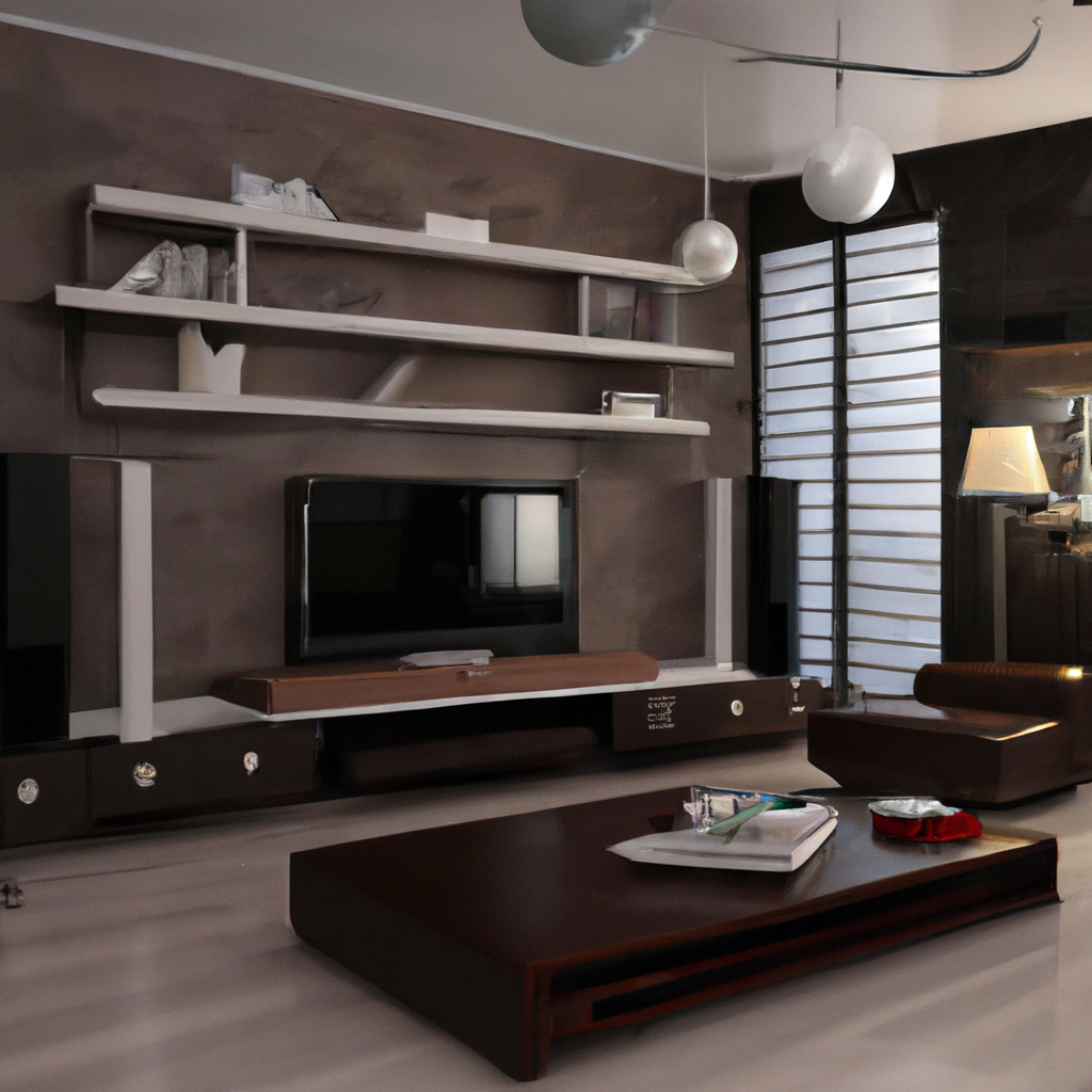 Salon moderne avec murs bruns, meubles en bois foncé, étagères épurées, et éclairage doux pour une ambiance cozy.