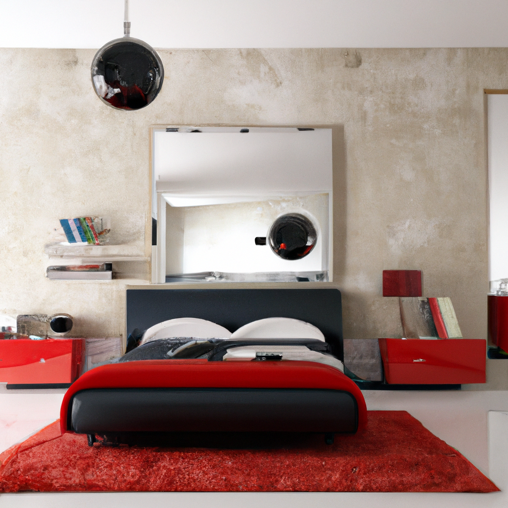 Chambre moderne avec lit noir, mur texturé, tapis rouge et luminaires sphériques. Ambiance chic et minimaliste.