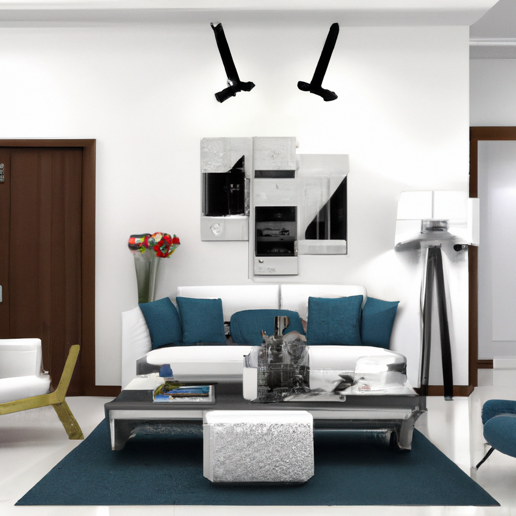 Salon moderne avec canapé bleu, table en verre, décor minimaliste et ambiance lumineuse. Mur blanc et accents pratiques.