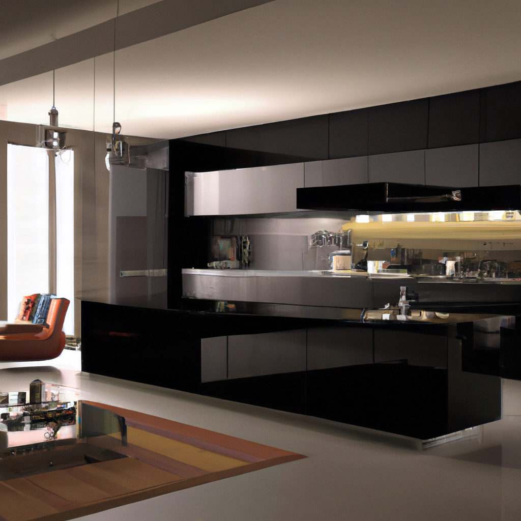 Cuisine moderne avec meubles noirs brillants, éclairage doux, et un fauteuil orange, ambiance élégante et minimaliste.