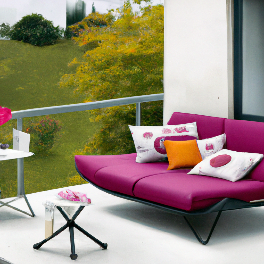 Salon moderne en extérieur, canapé rose vif avec coussins colorés, table basse noire, vue sur un jardin verdoyant.
