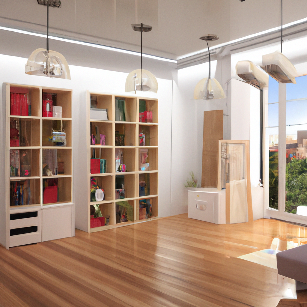 Décoration intérieure moderne avec étagères en bois clair, luminaires suspendus et sol en bois. Ambiance lumineuse et épurée.