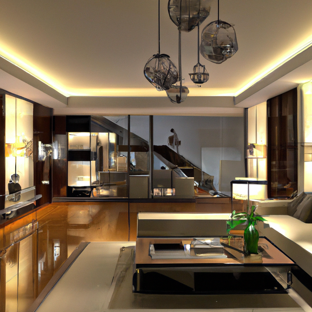 Intérieur moderne avec murs en bois, éclairage LED chaleureux, mobilier épuré et décor en verre, ambiance élégante et mini...