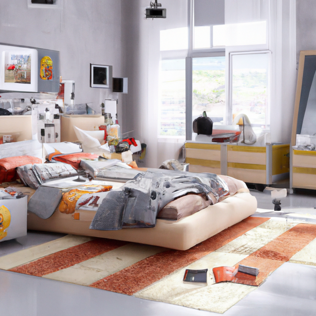 Chambre moderne avec un grand lit, des couleurs neutres, tapis rayé, murs clairs et ambiance artistique.