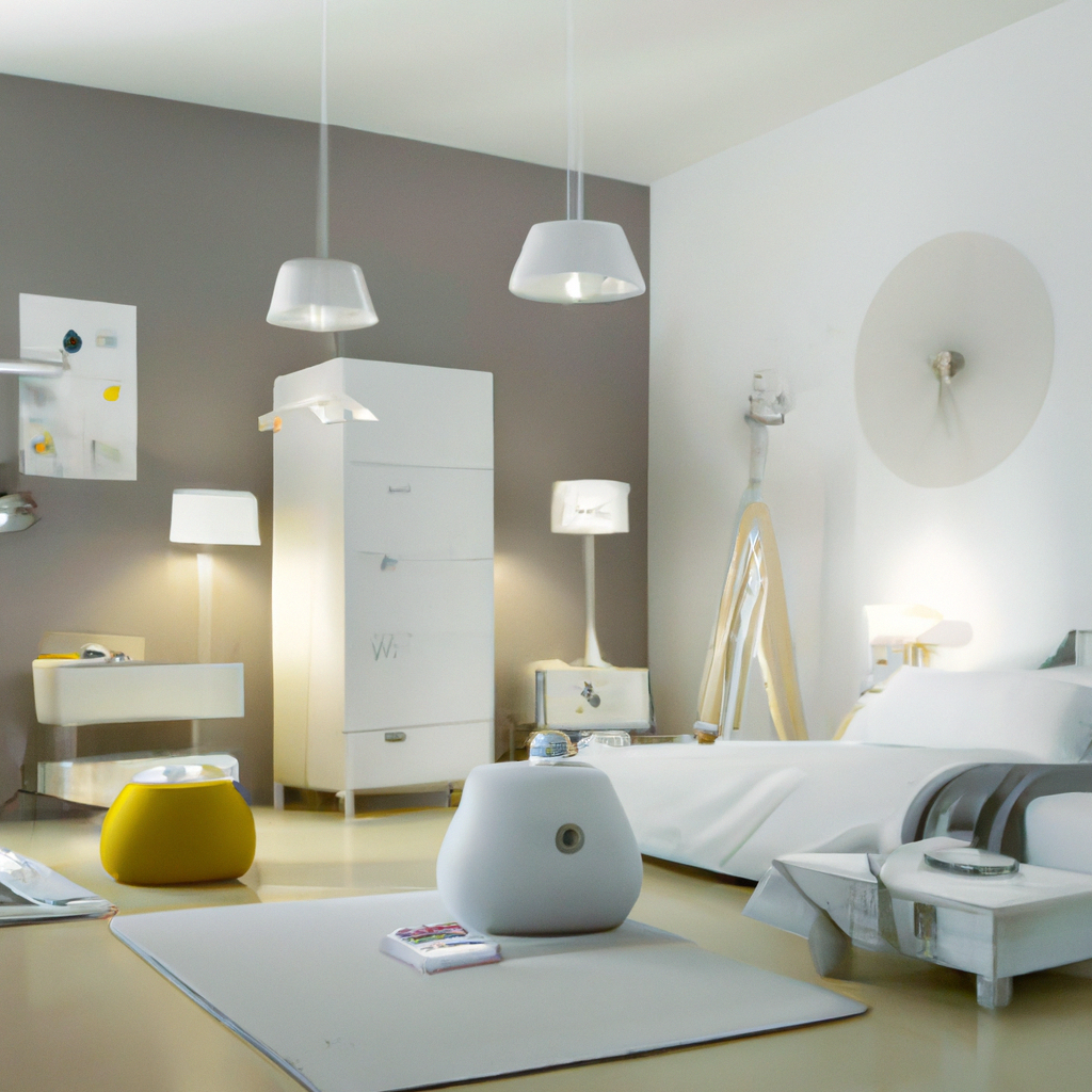 Chambre moderne aux teintes neutres avec meubles blancs, éclairage design et touches jaunes pour une ambiance minimaliste.