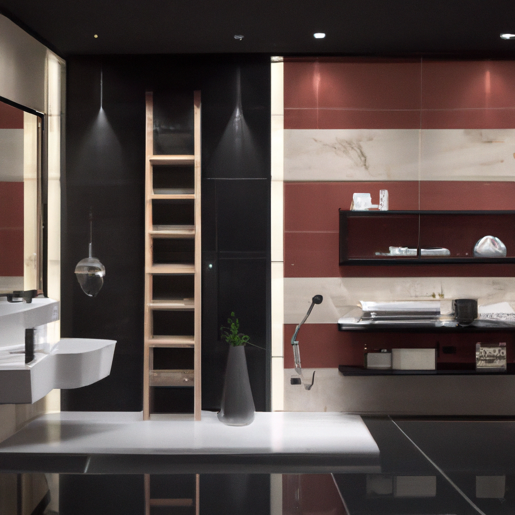 Salle de bain moderne avec murs noir et rouge, meuble suspendu, échelle en bois et déco minimaliste. Éclairage doux.