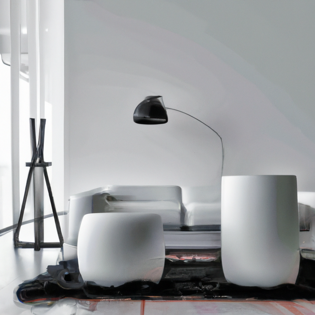 Salon moderne minimaliste avec lampadaire noir, meubles blancs, ambiance épurée et élégante, murs clairs.