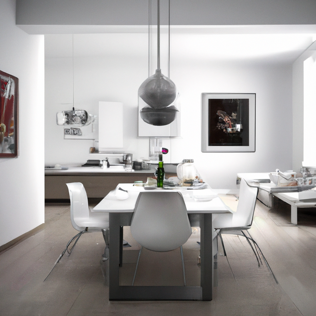 Salle à manger moderne minimaliste avec table blanche, chaises design, lumière naturelle et accents artistiques.