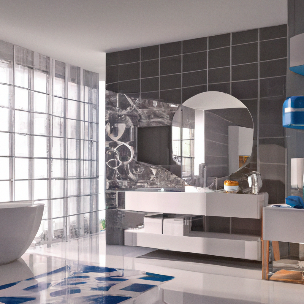 Salle de bain moderne avec murs gris, miroir rond, meuble blanc et baignoire stylée, ambiance épurée et lumineuse.