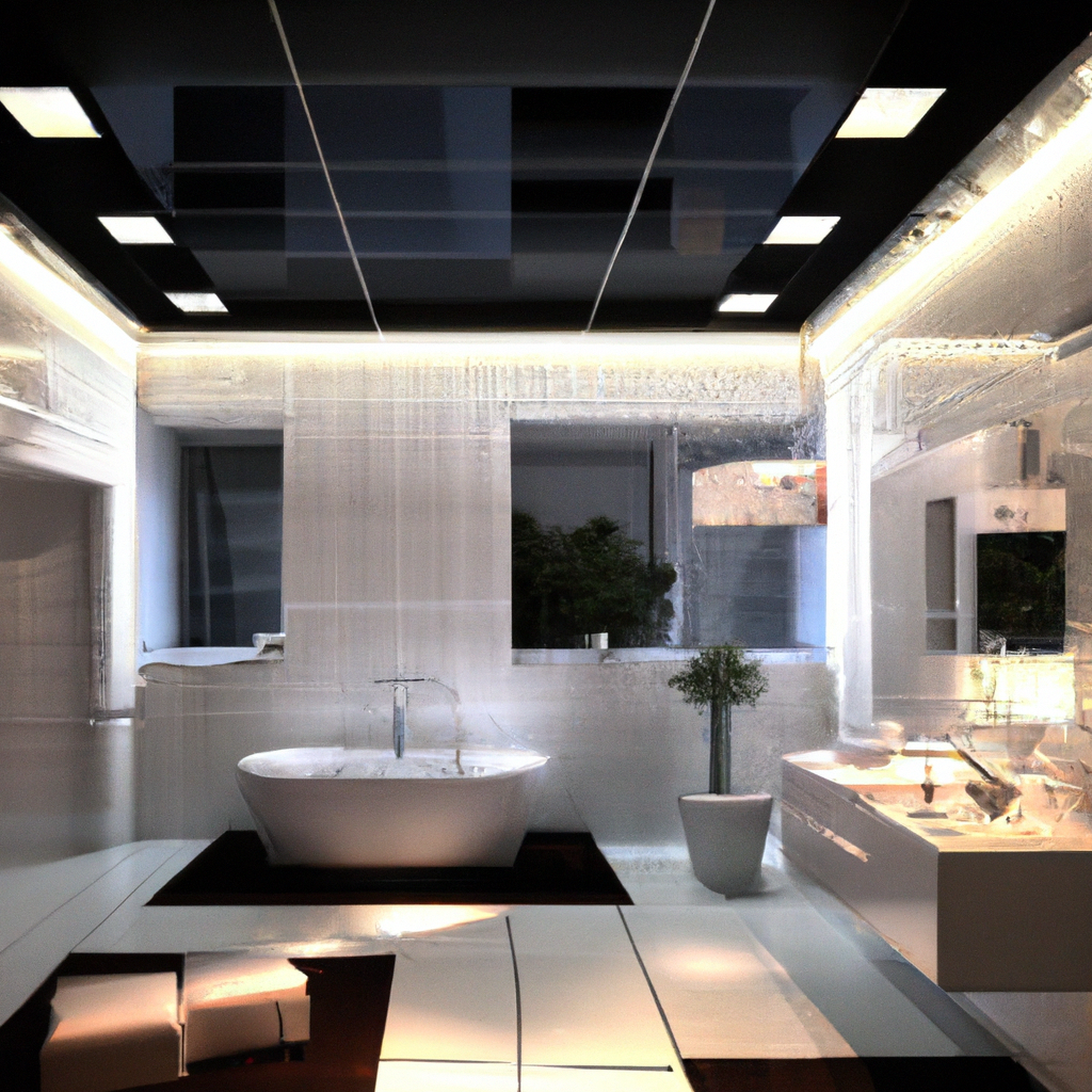 Salle de bain moderne avec baignoire blanche, meuble design, murs en verre et éclairage LED, ambiance minimaliste.