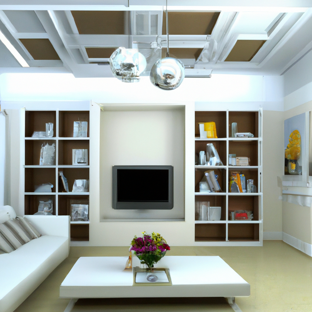 Salon moderne avec canapé blanc, étagères lumineuses, décor minimalist, touches de couleur et ambiance zen.