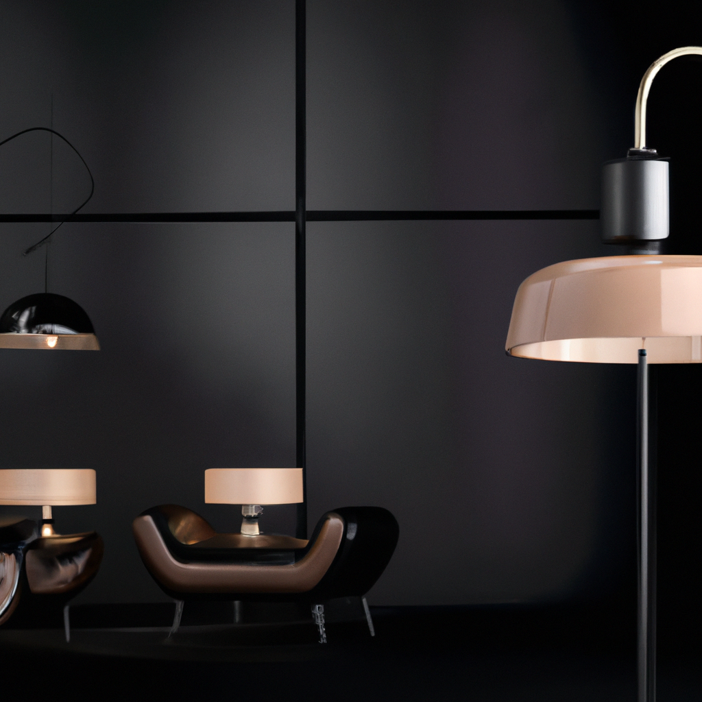 Intérieur moderne avec lampes au design épuré, couleurs sombres, sièges élégants et ambiance chic et sophistiquée.