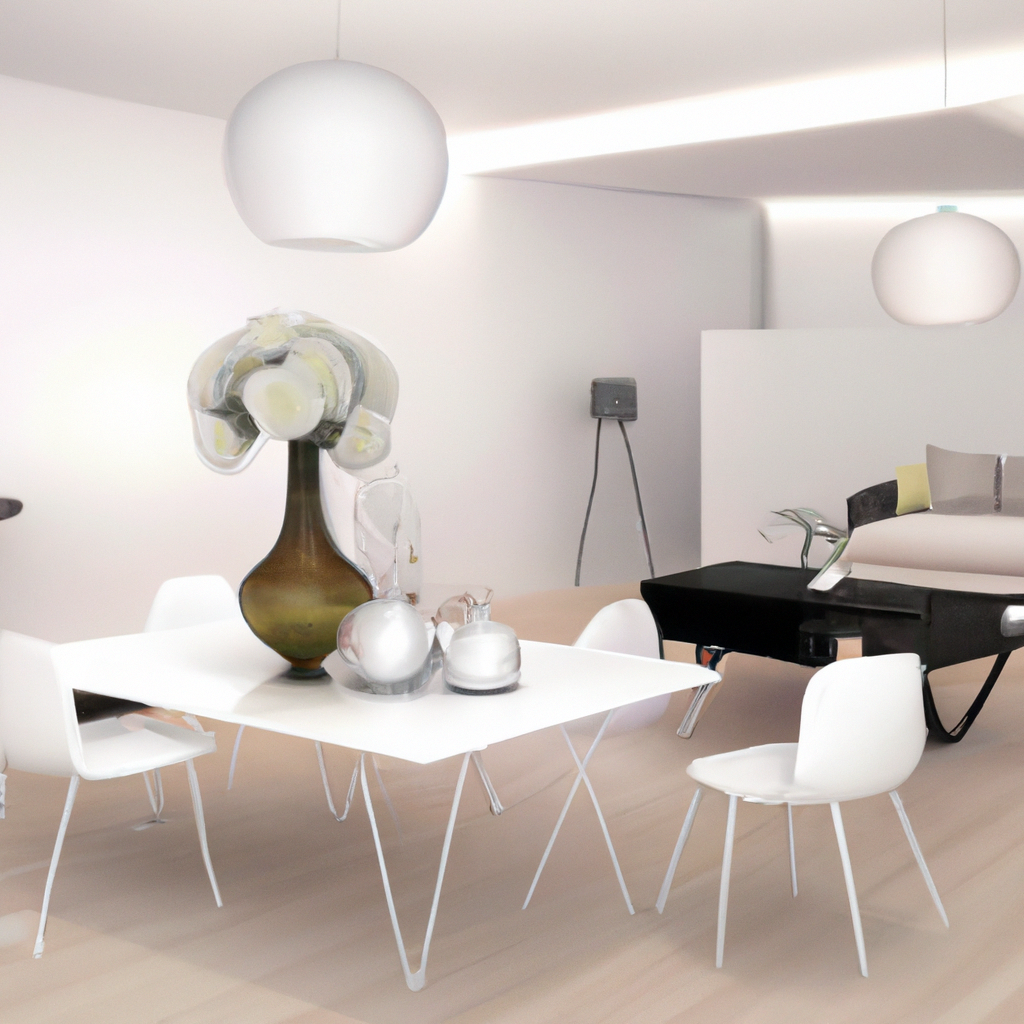 Intérieur moderne, table blanche design, chaises épurées, vase artistique, ambiance minimaliste et lumineuse.