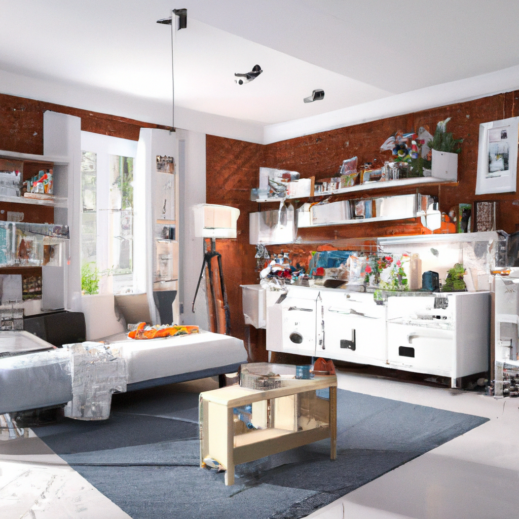 Chambre moderne avec mur en briques rouges, mobilier blanc, tapis bleu, et touches de verdure pour une ambiance apaisante.