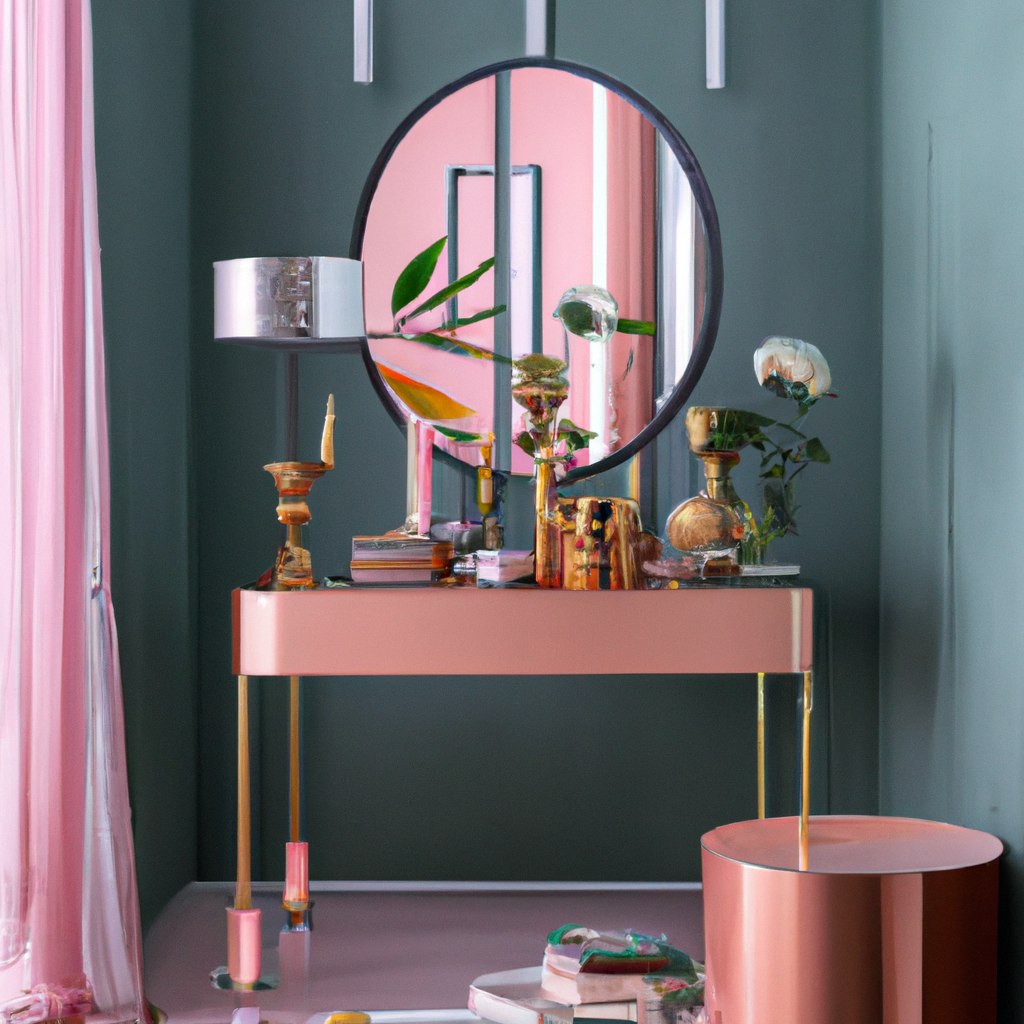 Décoration intérieure moderne : console rose avec miroir rond, plantes, bougies et rideaux roses sur fond vert. Ambiance c...