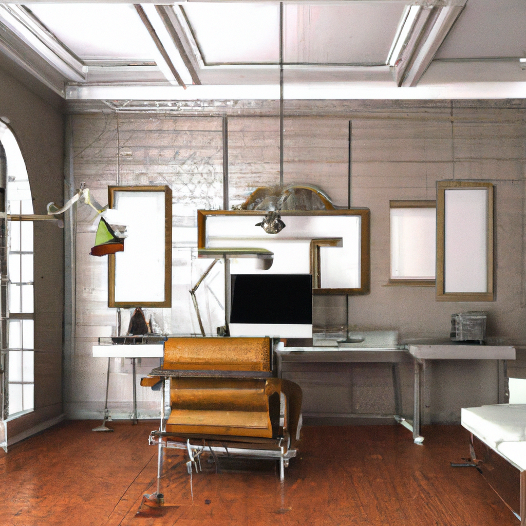 Bureau moderne avec un fauteuil en cuir marron, murs gris, cadre doré et ambiance minimaliste et sophistiquée.