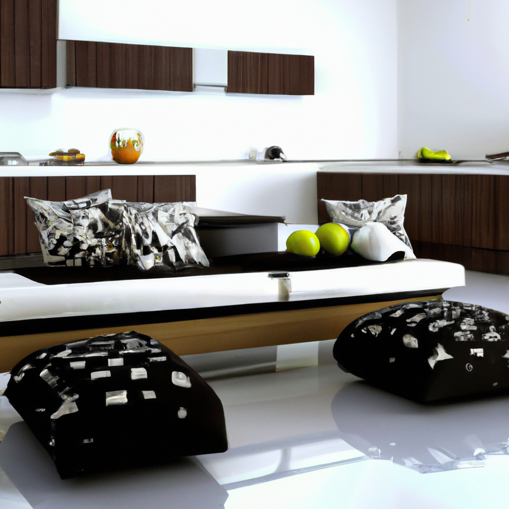 Intérieur moderne avec meuble design noir et blanc, coussins métalliques, ambiance minimaliste et élégante.